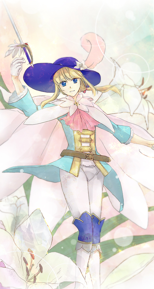 1boy, akemori_kiko, androgynous, arm_up, belt, blonde_hair, blue_eyes, blue_hat, bow, cape, chevalier_d'eon_(fate), facing_viewer, fate/grand_order, fate_(series), feathers, flower, frilled_sleeves, frills, gloves, hair_bow, half_gloves, hat, hat_feather, hat_flower, lens_flare, heavy_lens_flare, lily_(flower), long_hair, looking_at_viewer, male_focus, outstretched_arm, pants, pantyhose, pink_feather, pink_feathers, ponytail, rapier, red_bow, sidelocks, solo, sword, trap, weapon, white_gloves, white_pants, whorled_feather