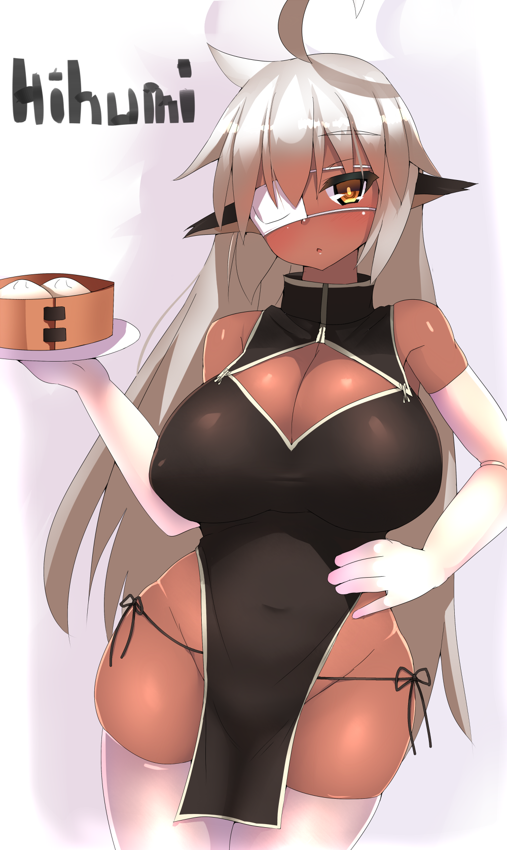 1girl, :<, bamboo_steamer, steamed_bun, black_panties, blonde_hair, borrowed_character, breasts