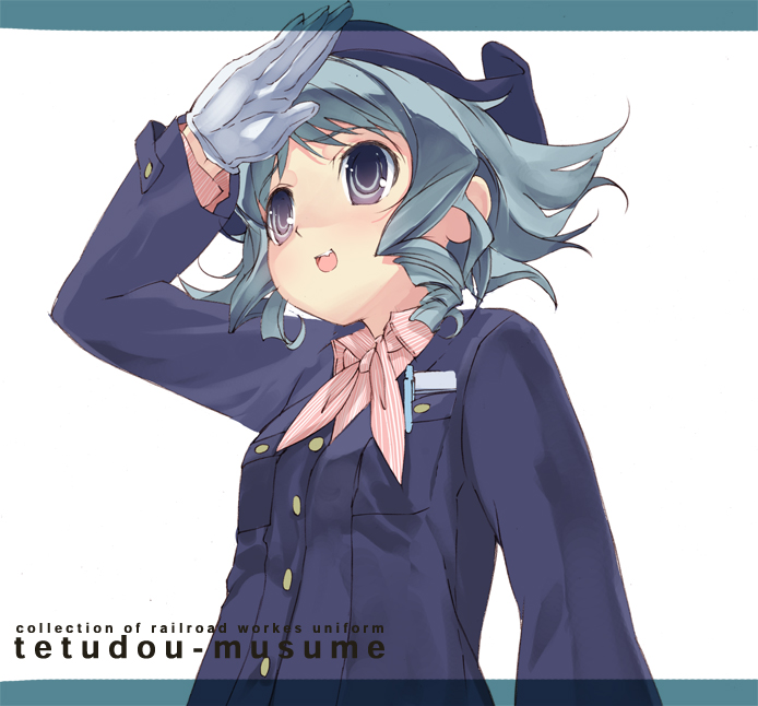 00s, 1girl, :d, arm_up, ascot, blazer, blue_eyes, blue_hair, drill_hair, female_focus, flat_chest, fuji_kyuko, gloves, hat, jacket, kitano_yuusuke, letterboxed, looking_away, matching_hair/eyes, name_tag, ootsuki_miina, open_mouth, pen, salute, scarf, short_hair, simple_background, smile, solo, tetsudou_musume, train_attendant, travel_attendant, uniform, upper_body, white_background, white_gloves