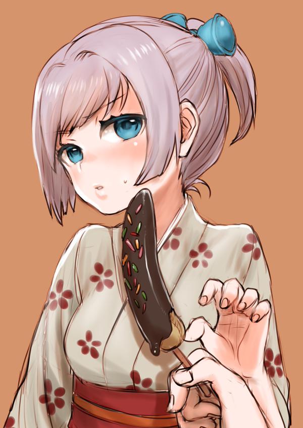 10s, 1girl, alternate_costume, blue_eyes, blush, chocolate-covered_food, chocolate_banana, floral_print