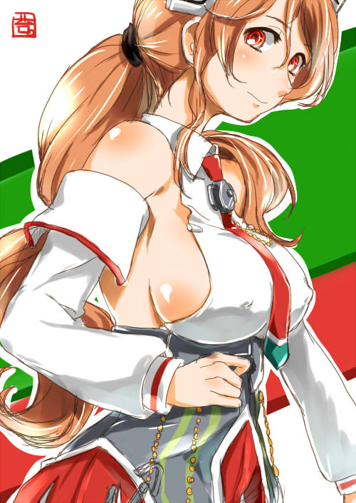 10s, 1girl, bare_shoulders, blush, breasts, brown_hair, detached_sleeves, covered_erect_nipples, female_focus, hair_ornament, hat, kantai_collection, kote_(dew), large_breasts, littorio_(kancolle), long_hair, necktie, ponytail, red_eyes, sideboob, skirt, smile, solo