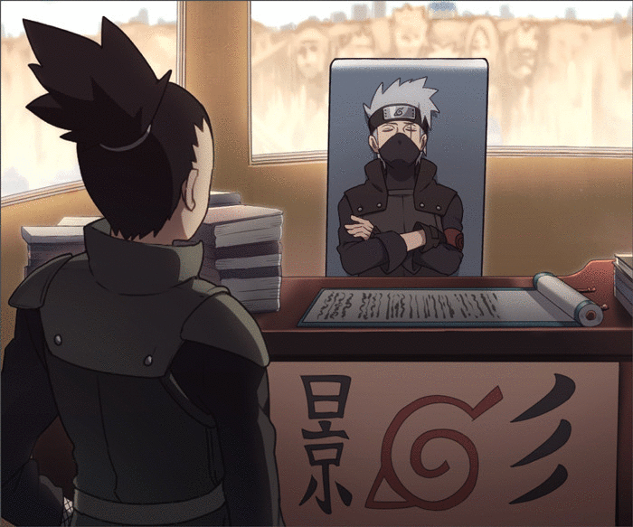 2boys, animated, animated_gif, crossed_arms, desk, forehead_protector, hatake_kakashi, multiple_boys, nara_shikamaru, naruto:_the_last, naruto_(series), spiked_hair, spinning, tore_(ksg666xxx), window