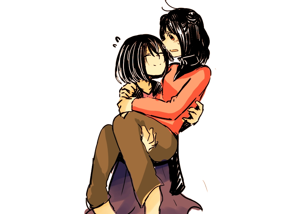 10s, 2girls, alternate_costume, bad_id, bad_pixiv_id, black_hair, blush, brown_eyes