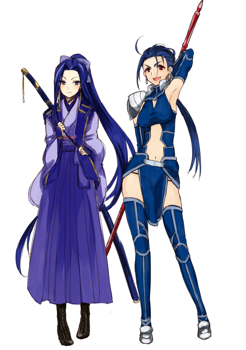 2girls, arm_behind_back, armor, armpits, blue_eyes, blue_hair, blush, bow, contrapposto, cu_chulainn_(fate), cu_chulainn_(fate/stay_night), cu_chulainn_(lancer)_(fate), earrings, fate/stay_night, fate_(series), full_body, gae_bolg_(fate), gender_request, genderswap, hair_bow, highres, japanese_clothes, jewelry, kamehima, katana, long_hair, long_skirt, monohoshizao, multiple_girls, navel, ootachi, open_mouth, pelvic_curtain, pleated_skirt, polearm, ponytail, red_eyes, sasaki_kojirou_(fate), sheath, sheathed, skirt, smile, spear, standing, sword, tareme, thighhighs, tsurime, very_long_hair, weapon, white_background