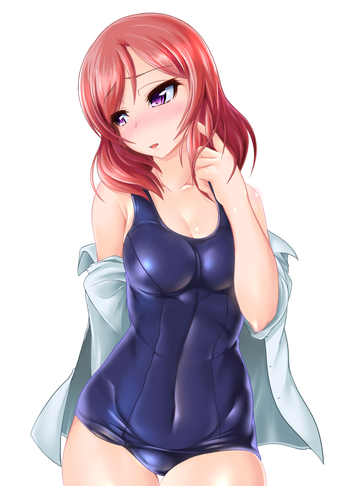 10s, 1girl, breasts, collarbone, dress_shirt, female_focus, love_live!, love_live!_school_idol_project, nishikino_maki, old_school_swimsuit, one-piece_swimsuit, open_mouth, purple_eyes, red_hair, school_swimsuit, shiny_clothes, shirt, short_hair, skin_tight, solo, standing, swimsuit, yatarou_(rapidrabbit)
