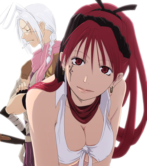 1boy, 1girl, animal_ears, armor, assassin, assassin_(ragnarok_online), axe_assa, bandages, bent_over, blacksmith, blacksmith_(ragnarok_online), braid, breasts, rabbit_ears, cigarette, cleavage, crop_top, crossed_arms, earrings, closed_eyes, facial_mark, fingerless_gloves, front-tie_top, gloves, hairband, hoop_earrings, jewelry, lipstick, long_hair, makeup, mr.romance, no_bra, ragnarok_online, red_eyes, red_hair, scar, scarf, smile, underboob, white_hair