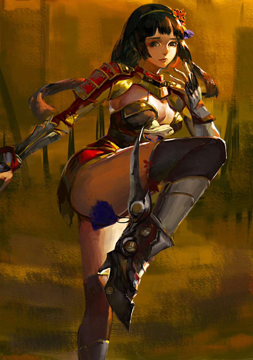 1girl, armor, black_hair, black_thighhighs, blackrabbitsoul, boots, breasts, brown_eyes