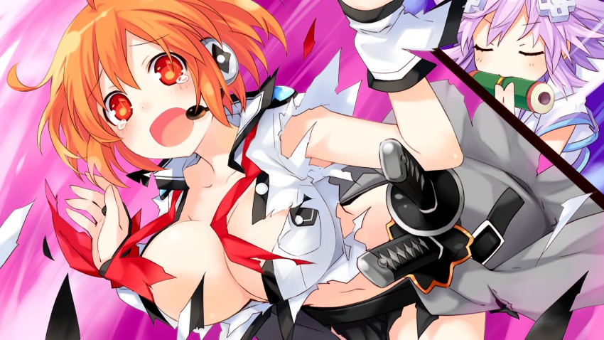 10s, 2girls, ahoge, breasts, cleavage, closed_eyes, d-pad, female_focus, game_cg, hair_ornament, highres, marvelousaql_(neptunia), multiple_girls, musical_note-shaped_pupils, neptune_(neptunia), neptune_(series), official_art, orange_hair, purple_hair, red_eyes, short_hair, sword, symbol-shaped_pupils, tears, tsunako, weapon