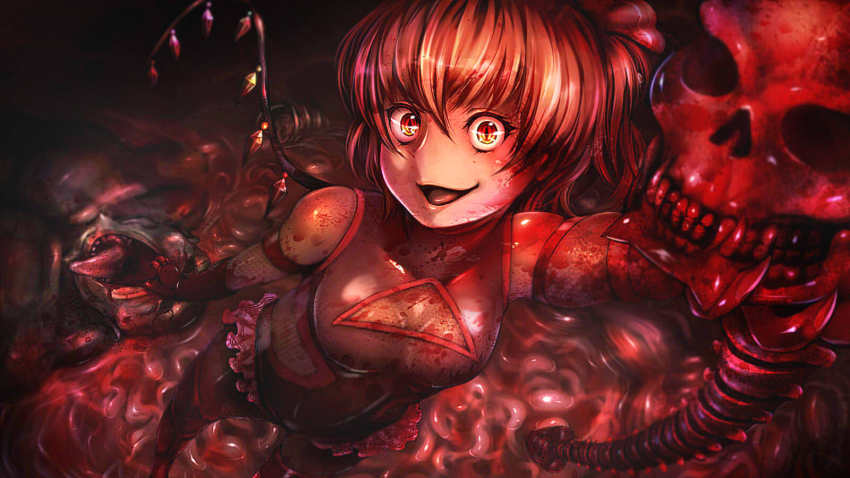 1girl, blood, blood_on_clothes, blood_on_face, blood_on_hands, blood_on_skeleton, bodysuit, breasts, cleavage_cutout, clothing_cutout, crazy_smile, creepy, crystal, dark, death, demon_wings, elbow_gloves, enbanzyou, evil_smile, female_focus, fishnets, flandre_scarlet, frills, from_above, gloves, guro, hair_between_eyes, hangetsuban_sonshou, highres, horror_(theme), leotard, lips, looking_at_viewer, monster, ninja, parody, pool_of_blood, red_eyes, short_hair, side_ponytail, skull, slit_pupils, small_breasts, smile, solo, spine, taimanin_(series), taimanin_asagi, taimanin_suit, teeth, tongue, tongue_out, touhou, vampire, wings, yellow_eyes