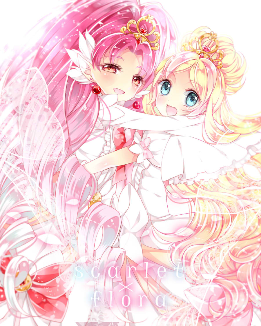 2girls, akagi_towa, ayumaru_(art_of_life), blonde_hair, blue_eyes, bow, character_name, cure_flora, cure_flora_(dress_up_premium), cure_scarlet, cure_scarlet_(dress_up_premium), earrings, go!_princess_precure, haruno_haruka, hug, jewelry, long_hair, magical_girl, multicolored_hair, multiple_girls, pink_hair, pointy_ears, precure, red_bow, red_eyes, ringlets, smile, streaked_hair, two-tone_hair, white_bow