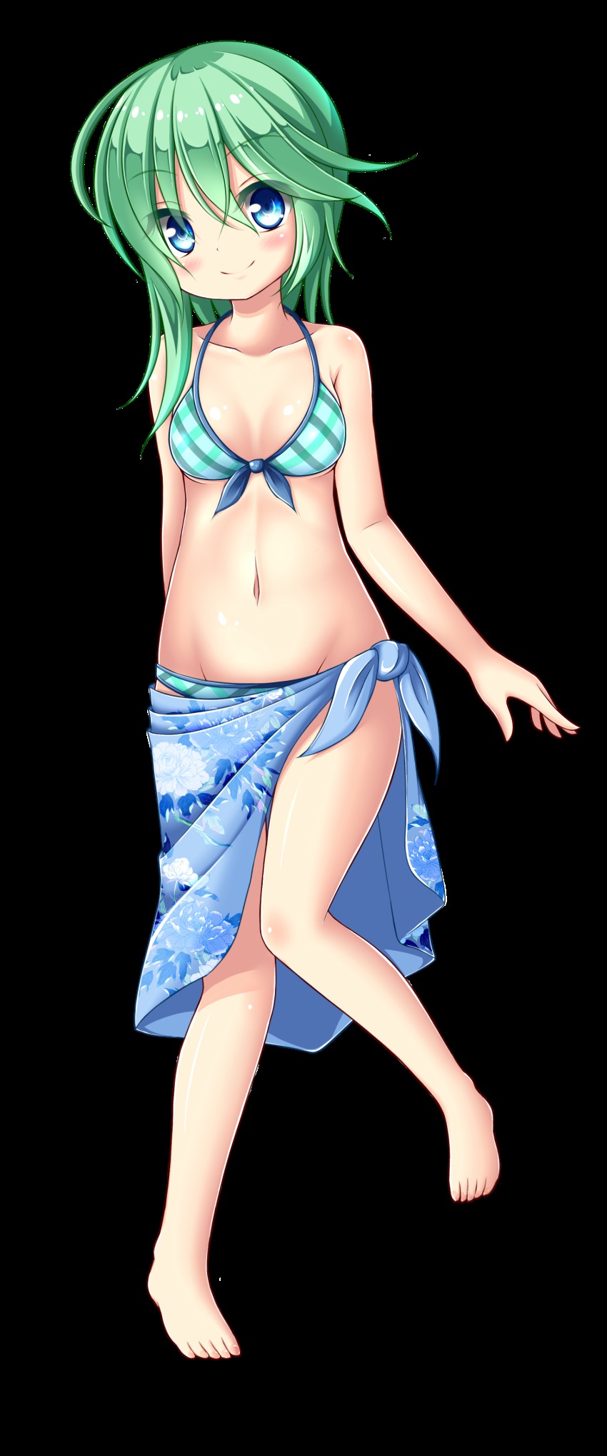 1girl, absurdres, aqua_hair, barefoot, bikini, blue_background, blue_eyes, blue_panties