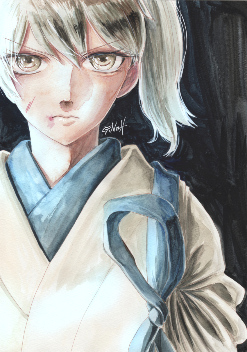 10s, 1girl, artist_name, black_background, black_eyes, black_hair, blood, blood_on_face