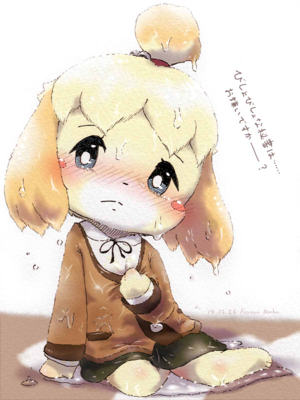 1girl, animal_crossing, bell, black_ribbon, black_sclera, blonde_hair, blush, blush_stickers