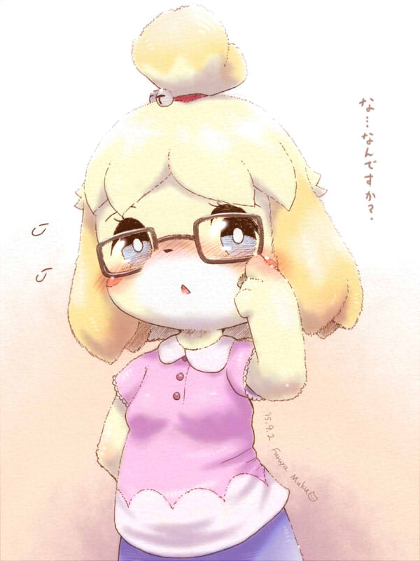 1girl, adjusting_eyewear, animal_crossing, arm_behind_back, artist_name, bell, blonde_hair, blue_skirt, blush, blush_stickers, breasts, brown-framed_eyewear, dated, dog, female_focus, flying_sweatdrops, furry, furry_female, furuya_muku, glasses, hair_bell, hair_ornament, hair_tie, hand_on_own_face, hand_up, isabelle_(animal_crossing), jingle_bell, nintendo, open_mouth, pink_shirt, shirt, short_hair, short_sleeves, signature, skirt, small_breasts, solo, standing, text_focus, translation_request