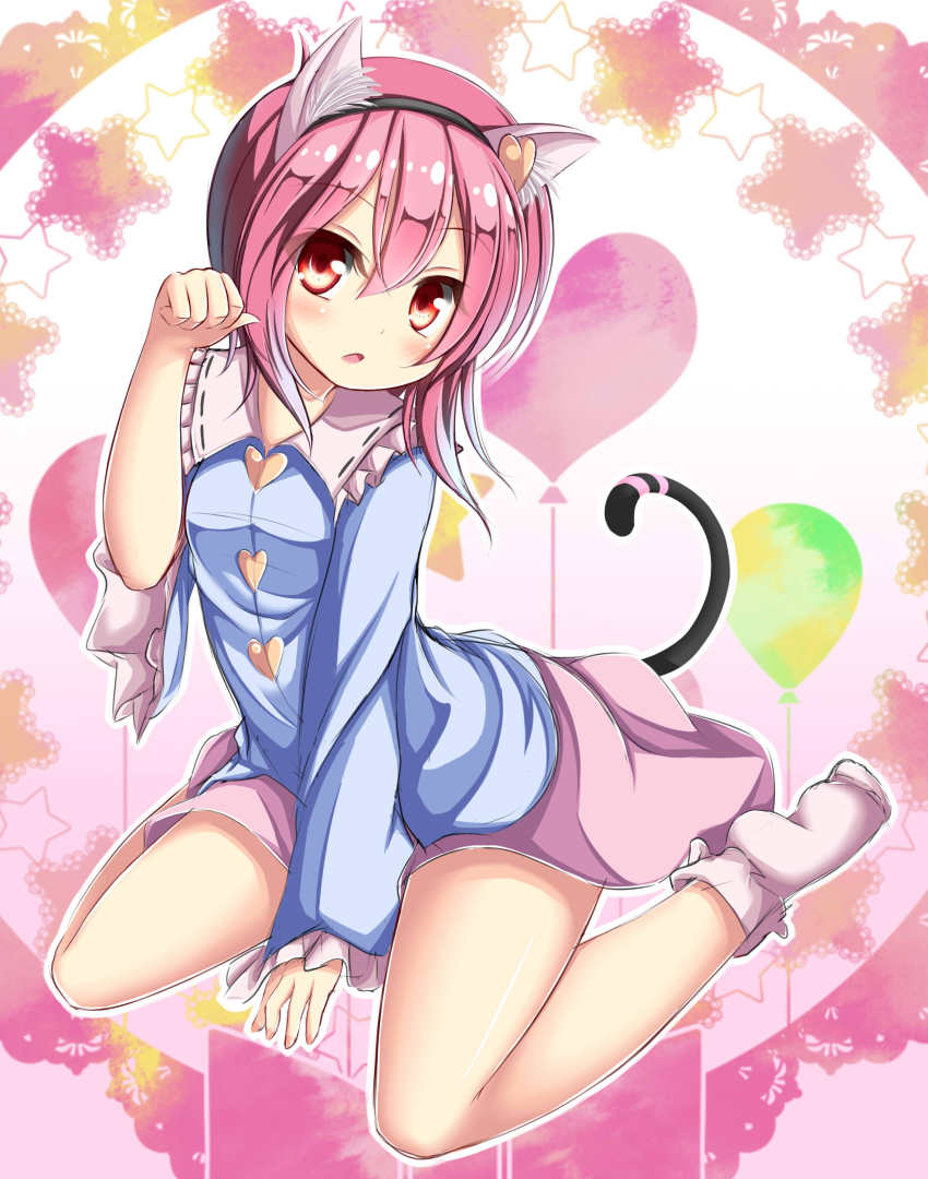 1girl, absurdres, animal_ears, balloon, blue_shirt, blush, cat_ears, cat_tail