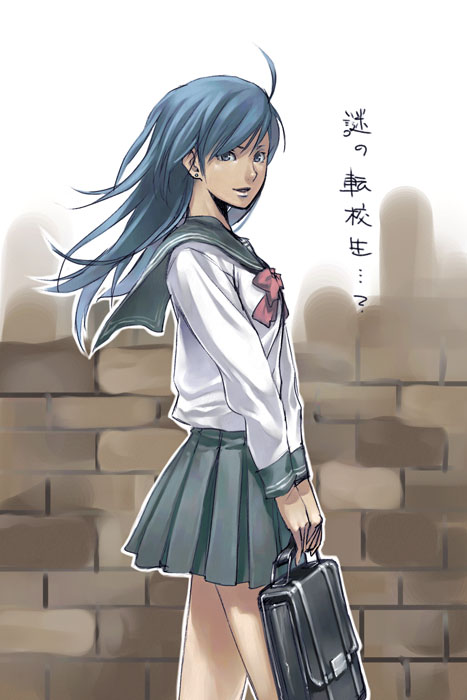 1girl, ahoge, bag, blue_hair, blue_sailor_collar, brick_wall, briefcase, earrings