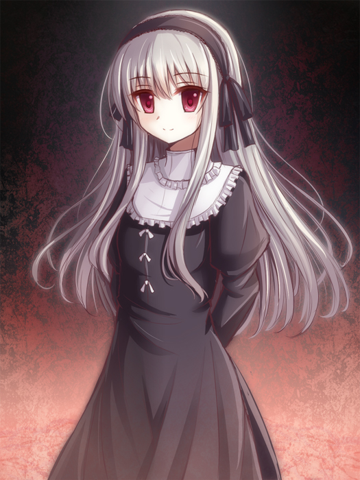 1girl, akisame_rizu, black_dress, dress, female_focus, frills, hairband, juliet_sleeves