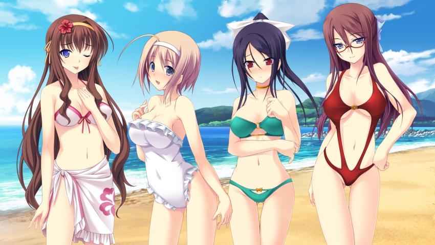4girls, akikawa_kiyoka, anata_no_koto_wo_suki_to_iwasete, beach, bikini, blush, breasts, cleavage