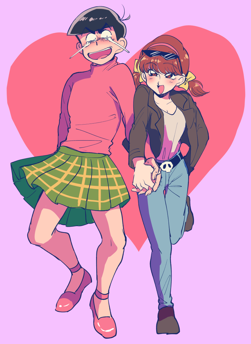 10s, 1boy, 1girl, :d, bad_id, bad_twitter_id, black_hair, brown_eyes