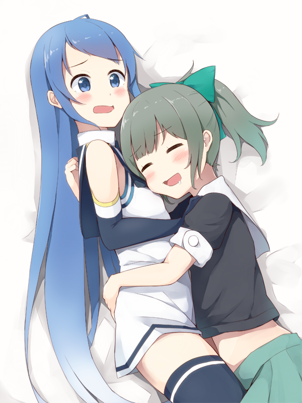 10s, 2girls, black_legwear, blue_eyes, blue_hair, blush, bow, closed_eyes, collared_shirt, drooling, elbow_gloves, female_focus, from_above, gloves, gradient_hair, green_hair, hair_bow, hair_ornament, hair_ribbon, head_on_chest, hug, kantai_collection, long_hair, lying, midriff, multicolored_hair, multiple_girls, navel, on_side, open_mouth, pleated_skirt, ponytail, ribbon, saliva, samidare_(kancolle), school_uniform, serafuku, shirt, short_hair, short_sleeves, shy, skirt, sleeping, sleeveless, sleeveless_shirt, smile, sui_(tsuruhibiki), swept_bangs, tank_top, thighhighs, very_long_hair, yuri, yuubari_(kancolle), zettai_ryouiki