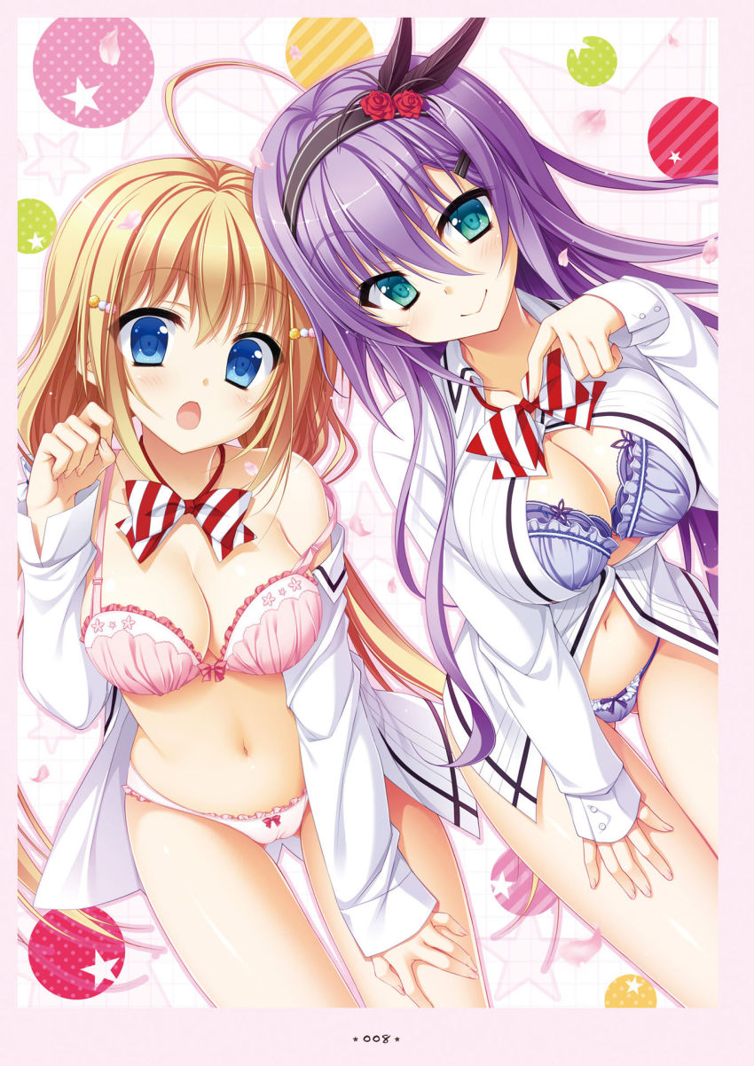 2girls, ahoge, aqua_eyes, blonde_hair, blue_eyes, bow, bow_bra, bow_panties