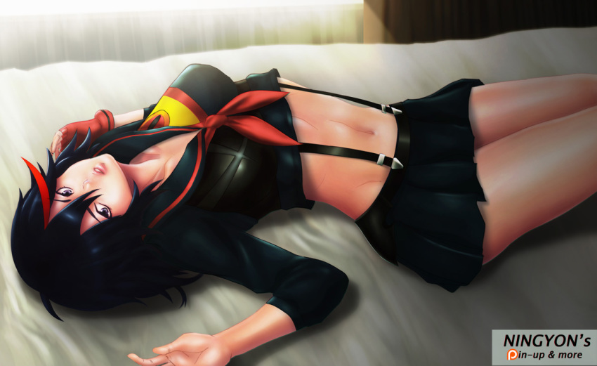 10s, 1girl, artist_name, black_hair, blue_eyes, breasts, female_focus, fingerless_gloves