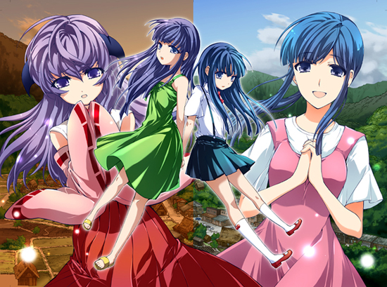 3girls, blue_eyes, blue_hair, blunt_bangs, cloud, day, dress, furude_rika