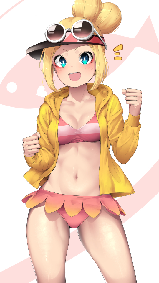 1girl, :d, bikini, blonde_hair, blue_eyes, blush, clenched_hand, contrapposto, copella_(surechigai_fishing), coraline_(ultimate_angler), eyewear_on_head, female_focus, fish, hair_bun, heart_hair_bun, hood, hoodie, looking_at_viewer, nintendo, open_mouth, original, single_hair_bun, smile, solo, standing, sunglasses, surechigai_fishing, swimsuit, ultimate_angler, visor_cap, yana_(nekoarashi)