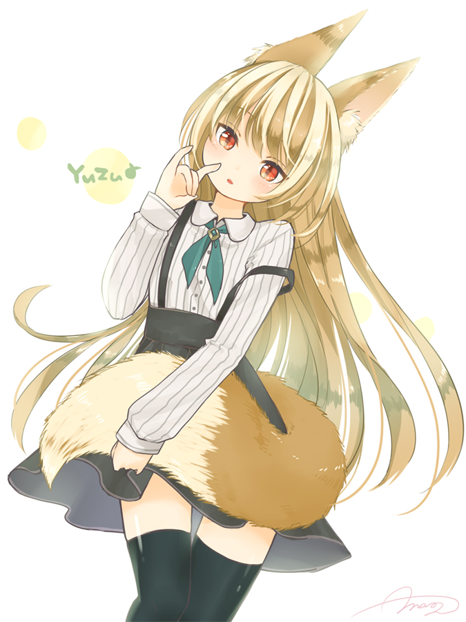 1girl, animal_ears, blonde_hair, female_focus, fox_ears, fox_shadow_puppet, fox_tail, head_tilt