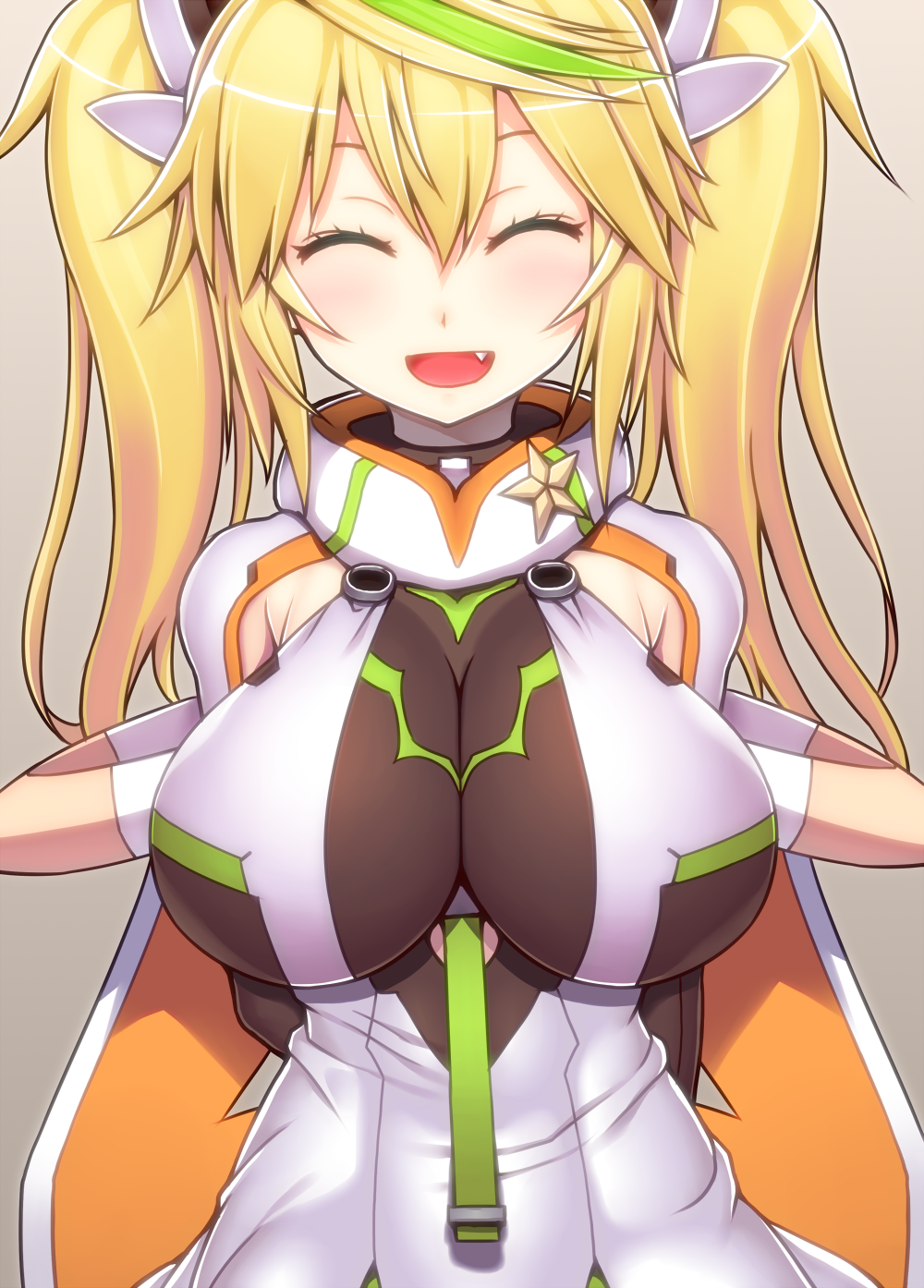 1girl, arms_behind_back, asamura_hiori, blush, breasts, closed_eyes, elbow_gloves, fang