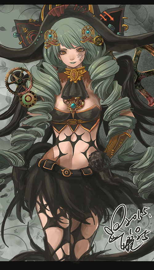 1girl, adapted_costume, ascot, black_skirt, brown_eyes, choker, cowboy_shot, drill_hair, facial_mark, female_focus, fiore_brunelli, green_hair, grey_background, hair_ornament, hat, kom_(water0371), long_hair, skirt, smile, solo, star_ocean, star_ocean:_integrity_and_faithlessness, steampunk, tattoo