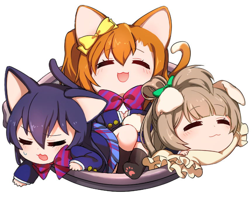 10s, 3girls, :3, animal_ears, black_legwear, blue_hair, blush, bow