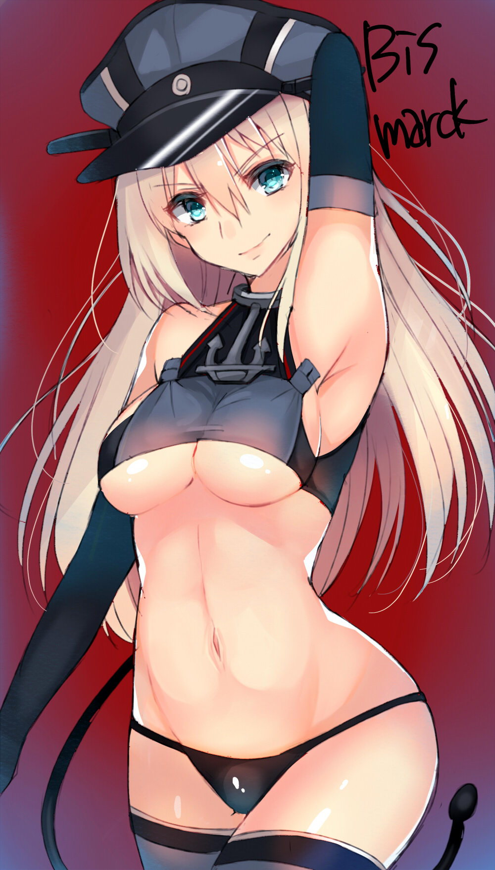 10s, 1girl, armpits, bismarck_(kancolle), black_panties, blonde_hair, blue_eyes, breasts, female_focus, hat, highres, kantai_collection, long_hair, looking_at_viewer, nan_(jyomyon), navel, panties, peaked_cap, smile, solo, thighhighs, underboob, underwear