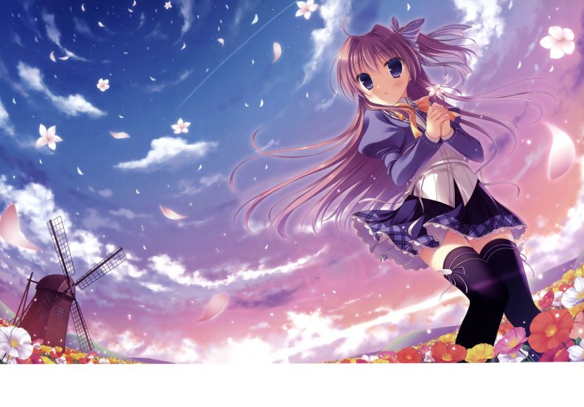 1girl, azuse_matsuri, black_thighhighs, blue_eyes, blue_skirt, brown_hair, cloud, female_focus