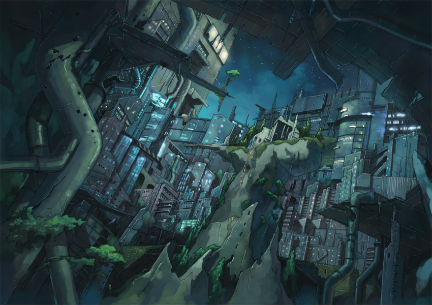 bridge, broken, building, cityscape, crack, dutch_angle, industrial_pipe, lights, meiz, night, no_humans, original, rope_bridge, ruins, scenery, sky, skyscraper, star_(sky), steampunk, tree, window