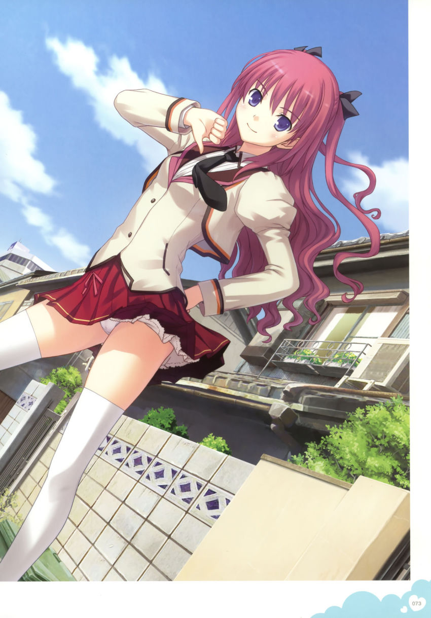 1girl, black_necktie, blue_eyes, brown_hair, day, female_focus, hair_ornament, highres