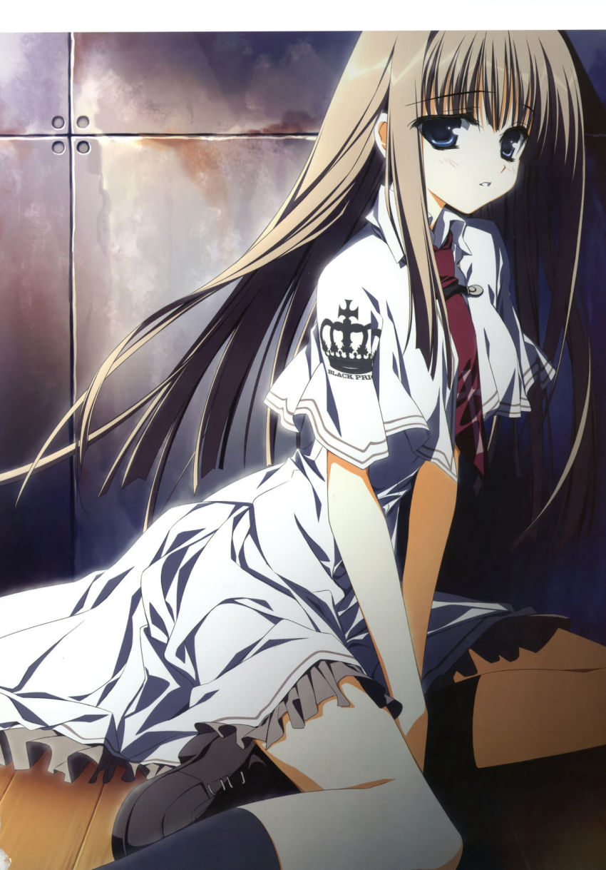 1girl, black_socks, blue_eyes, brown_hair, female_focus, highres, indoors, long_hair