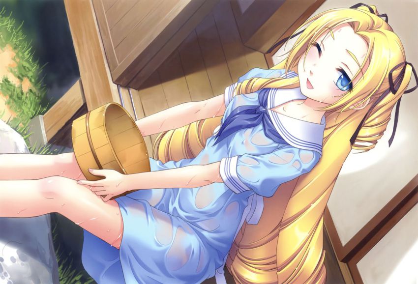 1girl, black_ribbon, blonde_hair, blue_dress, blue_eyes, breasts, covered_erect_nipples, dress, female_focus, ginta, hair_ribbon, jpeg_artifacts, koibumi_romantica, long_hair, looking_at_viewer, one_eye_closed, open_mouth, push!!, ribbon, small_breasts, solo, very_long_hair, virginia_owen_paltrow, wet, wet_clothes, yoshino_keiko