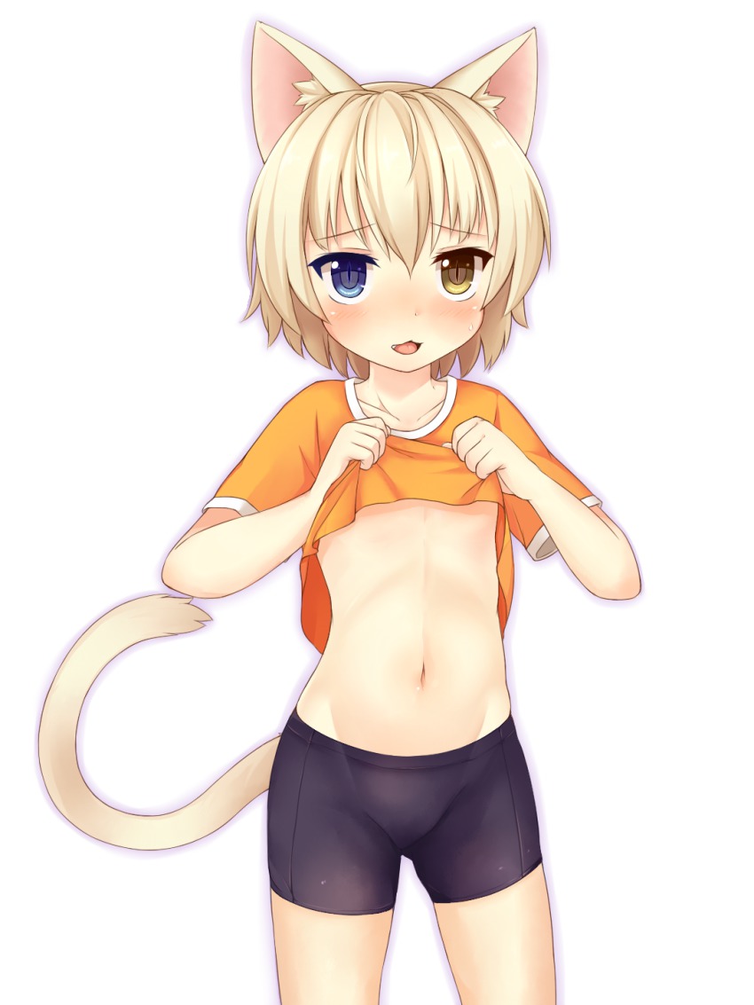 1boy, animal_ears, bike_shorts, blue_eyes, blush, cat_boy, cat_ears, cat_tail