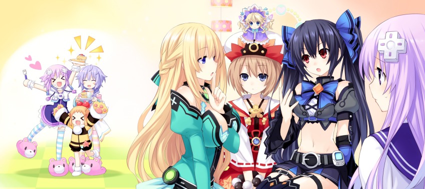 >_<, 10s, 6+girls, :d, bare_shoulders, black_hair, blanc_(neptunia), blonde_hair