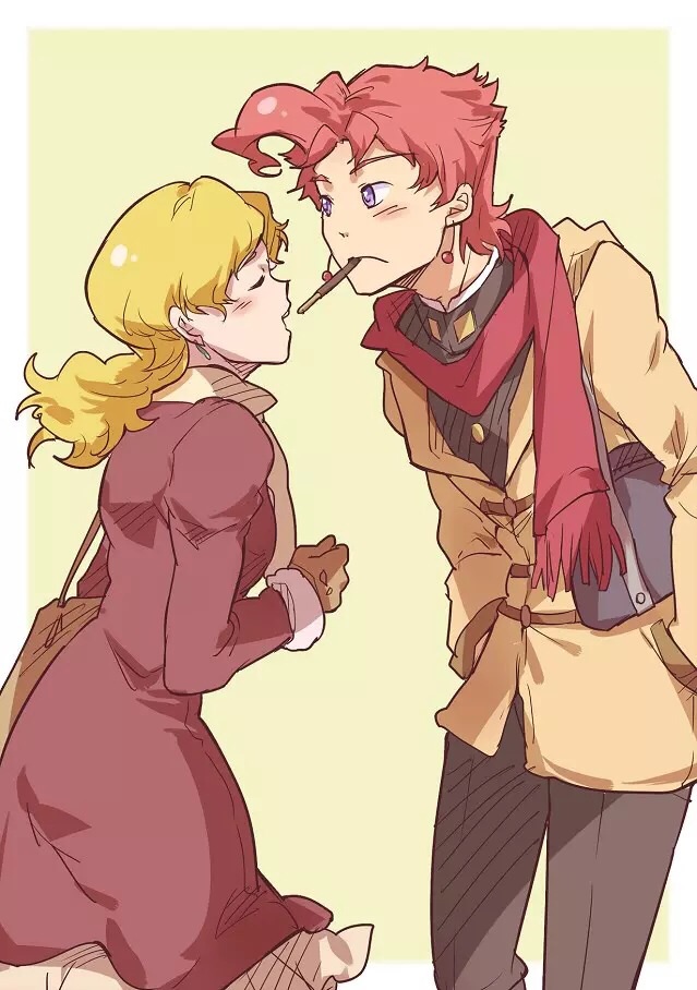 1boy, 1girl, bad_id, bad_pixiv_id, blonde_hair, food, jojo_no_kimyou_na_bouken, kakyoin_noriaki