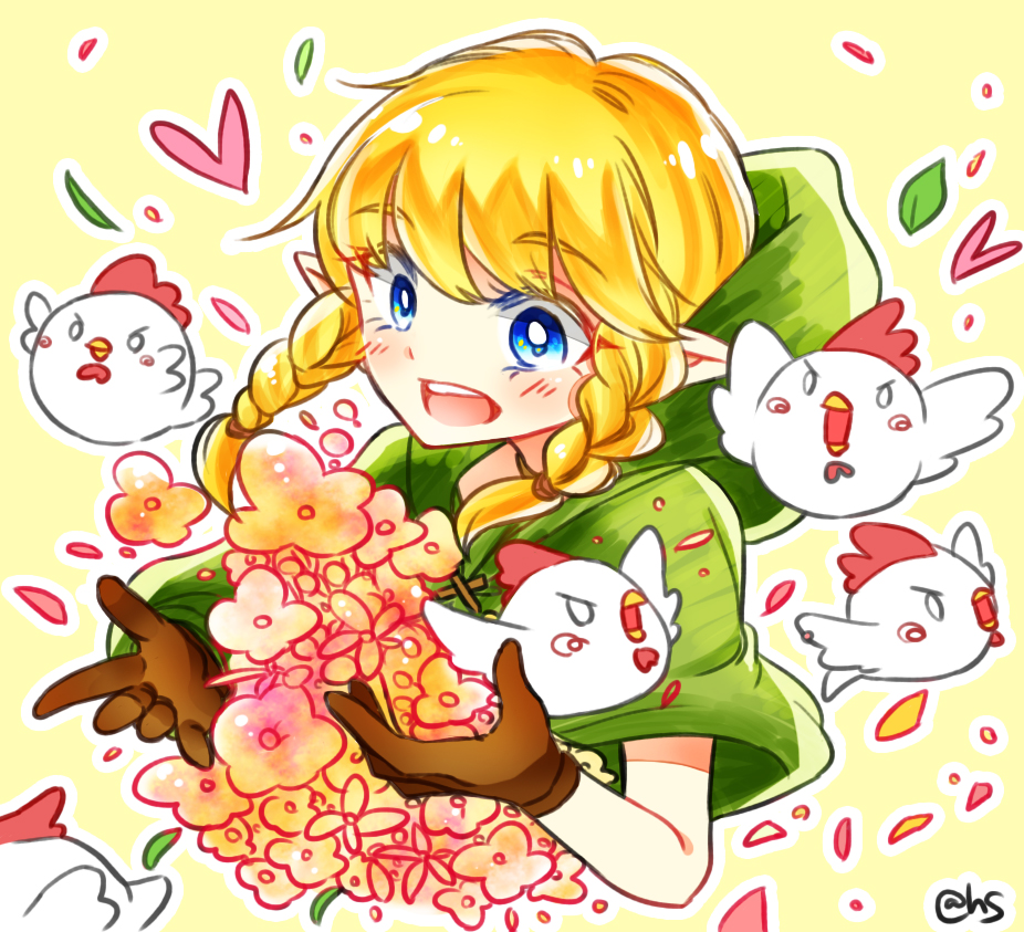1girl, bird, braid, chicken, cucco, female_focus, flower, gloves, hanano_sumire_(artist), hood, hyrule_warriors, linkle, nintendo, pointy_ears, solo, the_legend_of_zelda, twin_braids