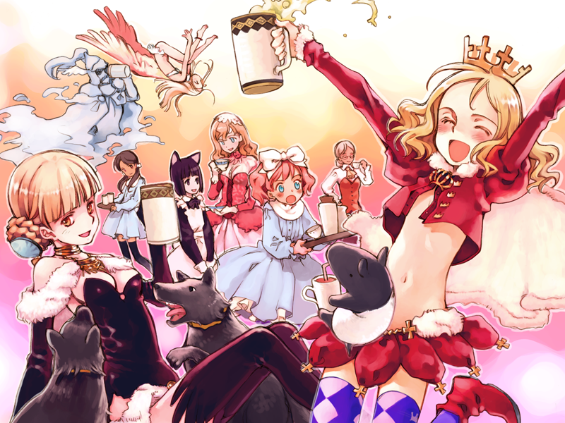 6+girls, angel, angel_wings, animal_ears, aria_vancleef, black_hair, black_legwear, blonde_hair, blue_eyes, breasts, cat_ears, checkered_clothes, checkered_legwear, cleavage, closed_eyes, collar, constantine_(little_witch_romanesque), crown, dog, dress, drinking, drinking_straw, fianna_mellowa, fur_trim, game_cg, ghost, helmet, kaya_xavier, maid, mariella_grandback, mauresumo, medium_breasts, midair, midriff, multiple_girls, navel, ooyari_ashito, open_mouth, pink_dress, school_uniform, sepha, shoujo_mahou_gaku_littlewitch_romanesque, small_breasts, smile, thighhighs, tillet, toopy_(littlewitch), tray, upside-down, white_hair, wings, yellow_eyes