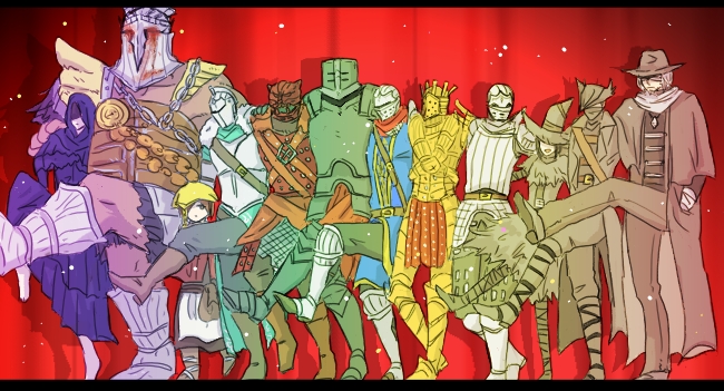 3girls, 6+boys, aged_down, armor, bad_id, bad_pixiv_id, bandages, bloodborne, boots, chosen_undead, cimanagasi, cloak, curtains, dark_souls_(series), dark_souls_i, dark_souls_ii, demon's_souls, emerald_herald, father_gascoigne, full_armor, fur_collar, gauntlets, gloves, hair_over_one_eye, hat, hawkeye_gough, helm, helmet, hood, hunter_(bloodborne), iron_tarkus, kekkai_sensen, knight, knight_lautrec_of_carim, multiple_boys, multiple_girls, quelana_of_izalith, scarf, slayer_of_demons, stage_curtains, undead_hero_(dark_souls_2), vengarl_of_forossa, witch_hat, yuria_the_witch