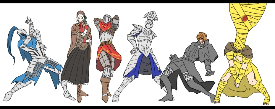 1girl, 5boys, alva_(dark_souls), armor, artorias_the_abysswalker, bad_id, bad_pixiv_id, bloodborne, bonnet, boots, cimanagasi, cloak, cromwell_the_pardoner, dark_souls_(series), dark_souls_i, dark_souls_ii, demon's_souls, full_armor, garl_vinland, gauntlets, helmet, jojo_no_kimyou_na_bouken, jojo_pose, knight, long_skirt, male_focus, multiple_boys, plain_doll, short_hair, skirt, slayer_of_demons, white_hair, xanthous_king_jeremiah