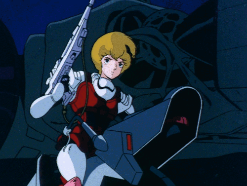 1980s_(style), 1girl, aiming, aiming_at_viewer, alien, animated, animated_gif, arming_doublet_(southern_cross)
