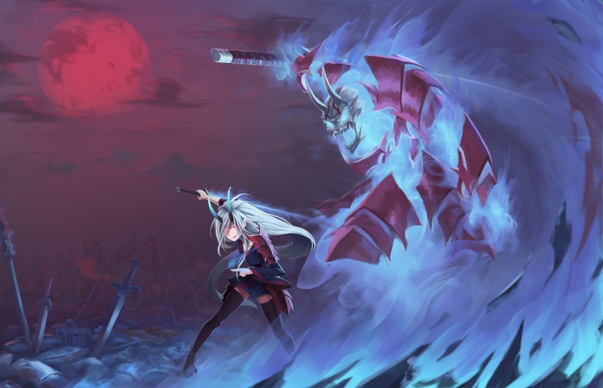 1girl, absurdres, armor, black_thighhighs, demon, demon_girl, demon_horns, helmet