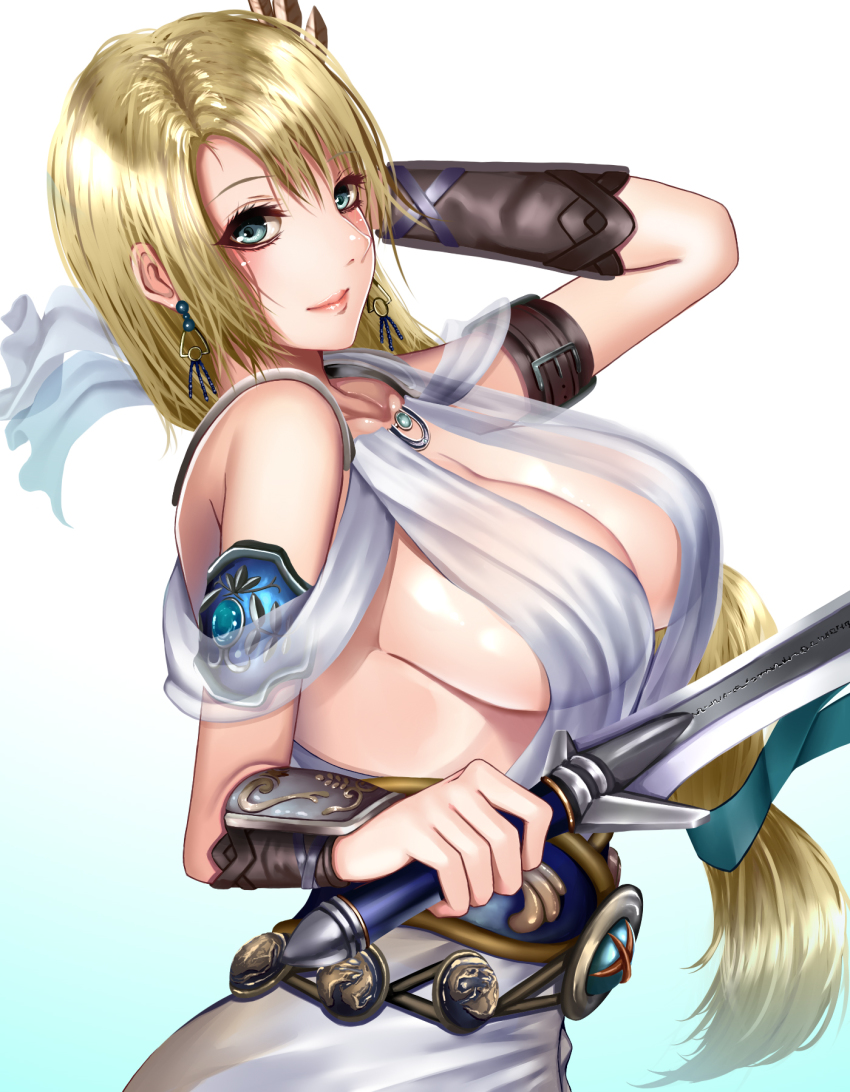 1girl, blonde_hair, breasts, cleavage, dress, earrings, female_focus, gauntlets, grey_eyes, highres, jewelry, large_breasts, long_hair, looking_at_viewer, see-through_clothes, sideboob, sleeveless, sleeveless_dress, smile, solo, sophitia_alexandra, soul_calibur, suika_(atelier-yuu), sword, very_long_hair, weapon, white_dress