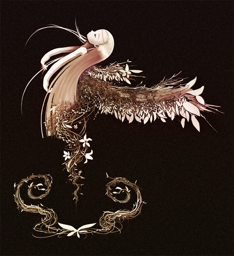 1girl, black_background, female_focus, flower, goddandies, limited_palette, long_hair, plant