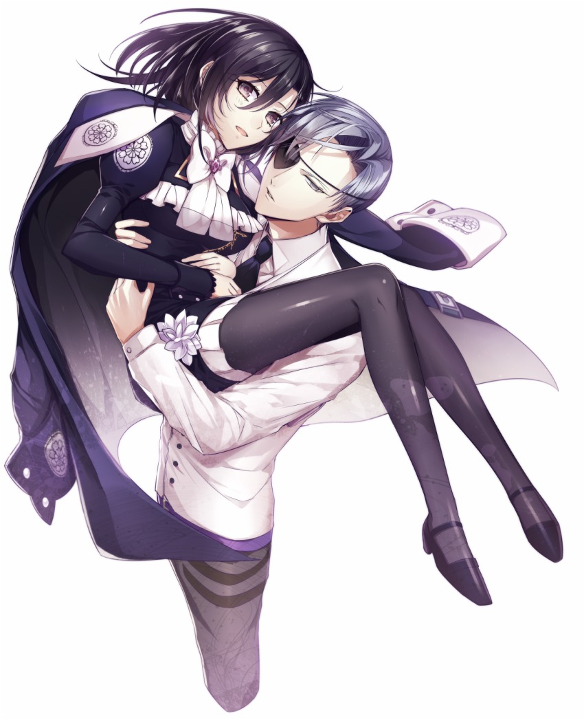 1boy, 1girl, arm_around_another's_waist, black_hair, black_pantyhose, blue_hair, bow, bowtie